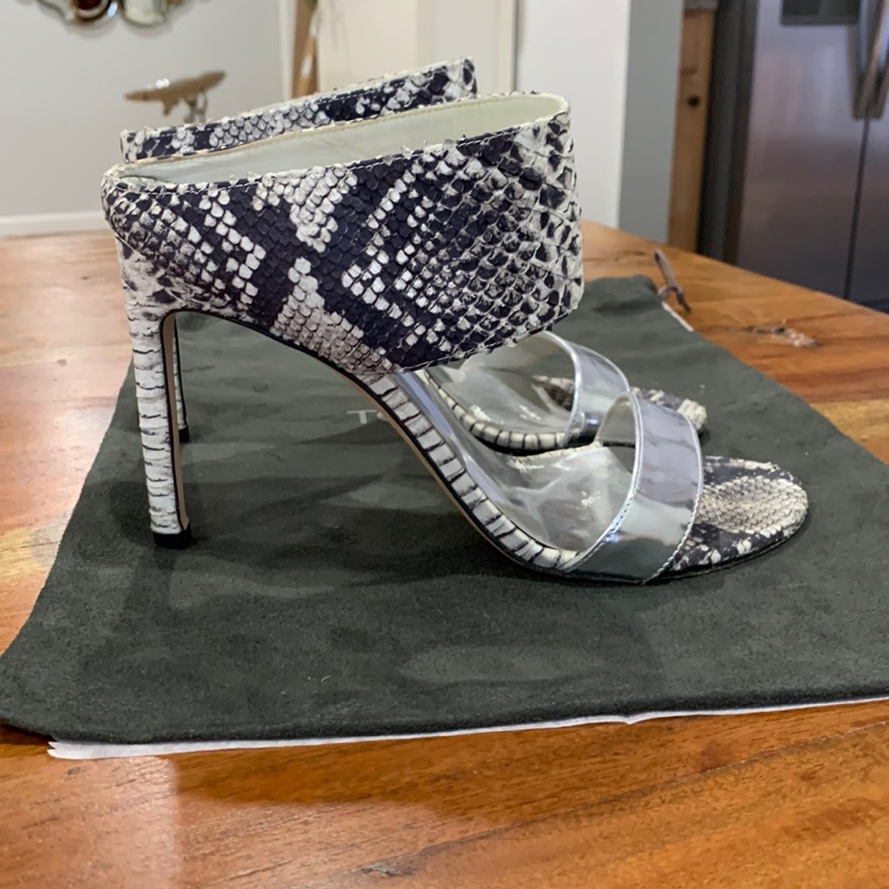 Stuart Weitzman Python My Slide Heels Silver Snak… - image 1